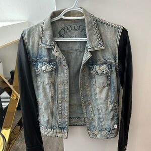 Aritzia, denim jacket with faux leather sleeves